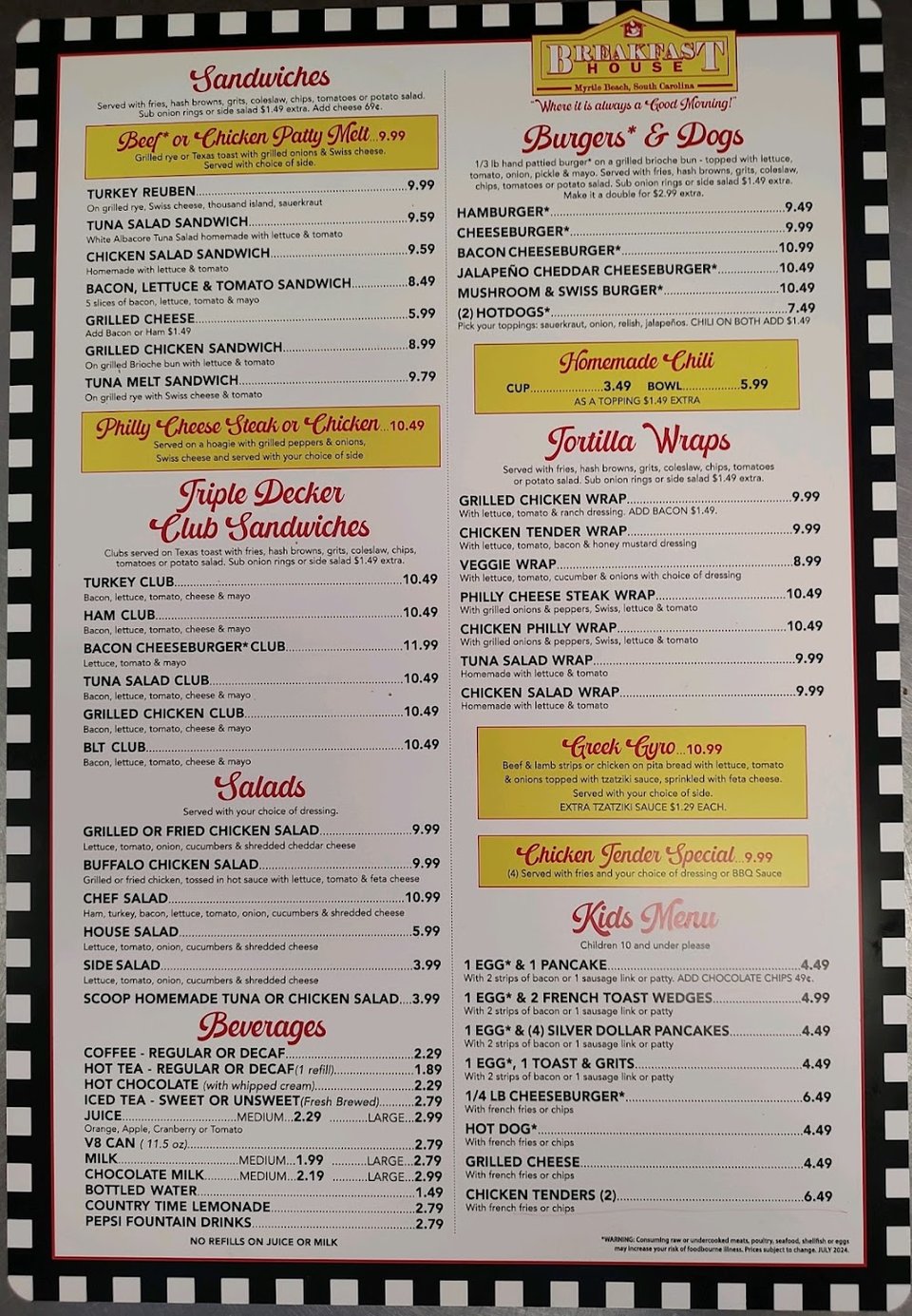 Breakfast menu with patty melts and Reuben sandwiches.