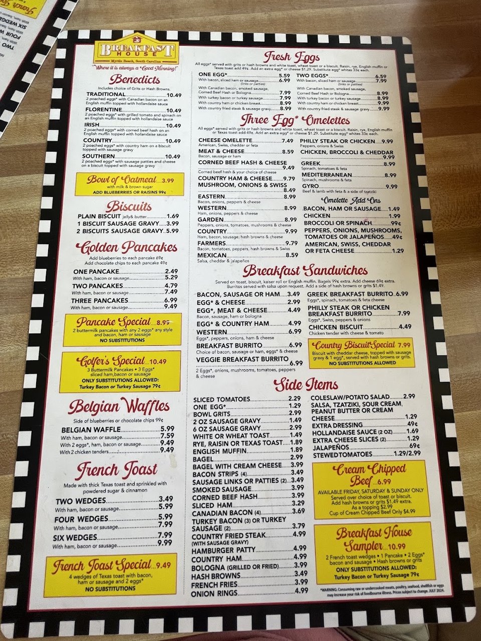 Printed menu with classic lunch and breakfast choices.